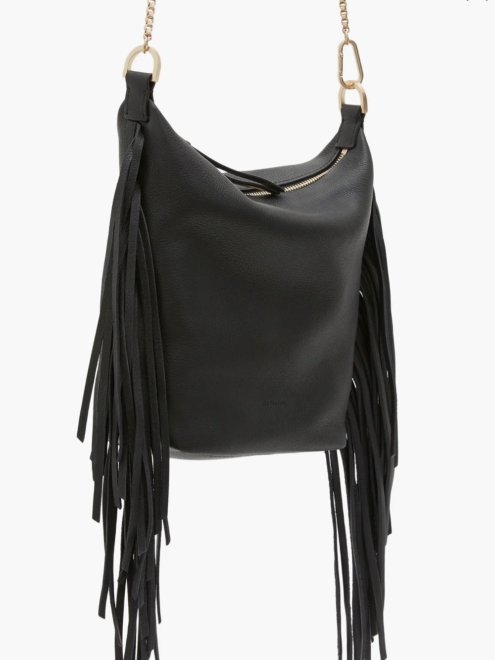 AllSaints Evaline Black Leather Fringe Shoulder Bag with Gold Hardware